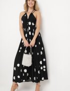 j&x Rochie Cloș Neagră din Viscoză Legată la Gât și Spate cu Elastic în Talie Jessmarie