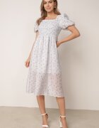j&x Rochie cu flori din Tencel evazată cu mâneci bufante Viviare Albastră