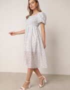 j&x Rochie cu flori din Tencel evazată cu mâneci bufante Viviare Albastră