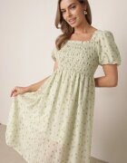 j&x Rochie cu flori din Tencel evazată cu mâneci bufante Viviare Verde