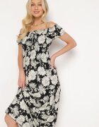 j&x Rochie Czarno-Albă din Viscoză tip spaniolă cu Decolteu Încrețit Yelbia