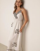 j&x Rochie evazată din amestec de in cu bretele decorată cu ciucuri Nellerin Albă
