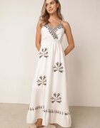 j&x Rochie evazată din amestec de in cu bretele decorată cu ciucuri Nellerin Albă