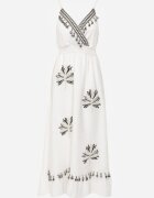 j&x Rochie evazată din amestec de in cu bretele decorată cu ciucuri Nellerin Albă