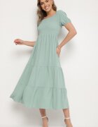 j&x Rochie Evazată Verde cu Decolteu Tip Spaniolă cu Încrețituri Lumorice