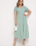 j&x Rochie Evazată Verde cu Decolteu Tip Spaniolă cu Încrețituri Lumorice