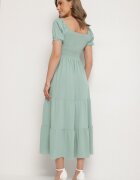 j&x Rochie Evazată Verde cu Decolteu Tip Spaniolă cu Încrețituri Lumorice