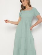 j&x Rochie Evazată Verde cu Decolteu Tip Spaniolă cu Încrețituri Lumorice