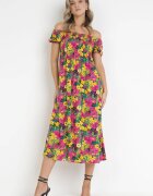 j&x Rochie Fucsia-Galbenă din Viscoză Midi stil spaniol cu Flori Hallenes