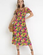 j&x Rochie Fucsia-Galbenă din Viscoză Midi stil spaniol cu Flori Hallenes