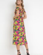 j&x Rochie Fucsia-Galbenă din Viscoză Midi stil spaniol cu Flori Hallenes