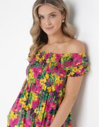 j&x Rochie Fucsia-Galbenă din Viscoză Midi stil spaniol cu Flori Hallenes