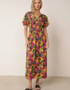 j&x Rochie Galben-Fuchsia Maxi din viscoză cu imprimeu floral cu elastic în talie și decolteu petrecut Trelline