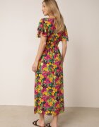 j&x Rochie Galben-Fuchsia Maxi din viscoză cu imprimeu floral cu elastic în talie și decolteu petrecut Trelline