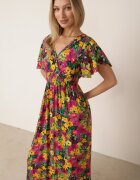j&x Rochie Galben-Fuchsia Maxi din viscoză cu imprimeu floral cu elastic în talie și decolteu petrecut Trelline