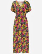 j&x Rochie Galben-Fuchsia Maxi din viscoză cu imprimeu floral cu elastic în talie și decolteu petrecut Trelline
