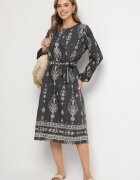 j&x Rochie Gri închis cu Imprimeu Boho Tip cutie cu Curea în Talie Lisanea