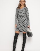j&x Rochie Gri Tricotată Petrecută cu Model Geometric Lillne