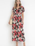 j&x Rochie maxi evazată negru-roșu cu decolteu petrecut și talie elastică încrețită Saera