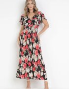 j&x Rochie maxi evazată negru-roșu cu decolteu petrecut și talie elastică încrețită Saera