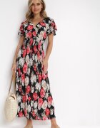 j&x Rochie maxi evazată negru-roșu cu decolteu petrecut și talie elastică încrețită Saera