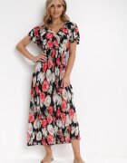 j&x Rochie maxi evazată negru-roșu cu decolteu petrecut și talie elastică încrețită Saera