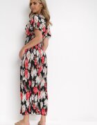 j&x Rochie maxi evazată negru-roșu cu decolteu petrecut și talie elastică încrețită Saera