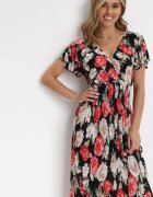 j&x Rochie maxi evazată negru-roșu cu decolteu petrecut și talie elastică încrețită Saera
