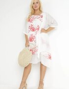 j&x Rochie Midi Trapez Roșu-Albă din Bumbac cu Flori și Bolero Elephira