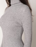 j&x Rochie Mini Gri Mulată din Tricot Reiat cu Guler Înalt Helmine