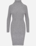 j&x Rochie Mini Gri Mulată din Tricot Reiat cu Guler Înalt Helmine