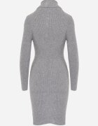 j&x Rochie Mini Gri Mulată din Tricot Reiat cu Guler Înalt Helmine