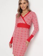 j&x Rochie Mini Roșie Tricotată Mulată cu Model Geometric și Decolteu Petrecut Mustella