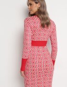 j&x Rochie Mini Roșie Tricotată Mulată cu Model Geometric și Decolteu Petrecut Mustella