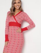 j&x Rochie Mini Roșie Tricotată Mulată cu Model Geometric și Decolteu Petrecut Mustella