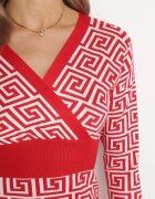 j&x Rochie Mini Roșie Tricotată Mulată cu Model Geometric și Decolteu Petrecut Mustella