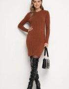 j&x Rochie Mini Tricotată Maro cu Nervuri Decorative și Croi Cambrat Kais