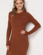 j&x Rochie Mini Tricotată Maro cu Nervuri Decorative și Croi Cambrat Kais