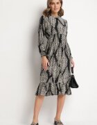 j&x Rochie Neagră cloș cu elastic în talie cu imprimeu etnic