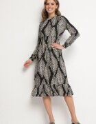 j&x Rochie Neagră cloș cu elastic în talie cu imprimeu etnic