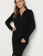 j&x Rochie Neagră cu Bumbac și Lână cu Guler cu Fermoar Tereithra