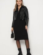 j&x Rochie Neagră cu Bumbac și Lână cu Guler cu Fermoar Tereithra