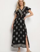 j&x Rochie Neagră cu Model Ornamental cu Cordon Elastic Tosvanna