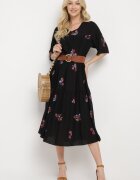 j&x Rochie Neagră de Vâscoză cu Croială Cloș și Mânecă Scurtă Givinia