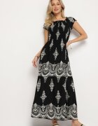 j&x Rochie neagră din vâscoză cu top încrețit și model Boho Ellifae
