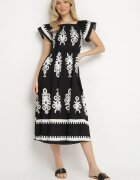 j&x Rochie Neagră Din Viscoză cu Modele Ornamentale cu Croială Cloș Divessa