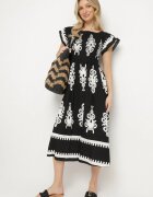 j&x Rochie Neagră Din Viscoză cu Modele Ornamentale cu Croială Cloș Divessa