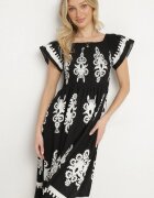 j&x Rochie Neagră Din Viscoză cu Modele Ornamentale cu Croială Cloș Divessa