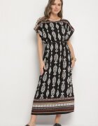 j&x Rochie Neagră tip cutie din Viscoză cu Model Etnic Mirosela