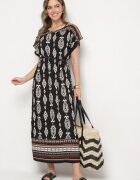 j&x Rochie Neagră tip cutie din Viscoză cu Model Etnic Mirosela